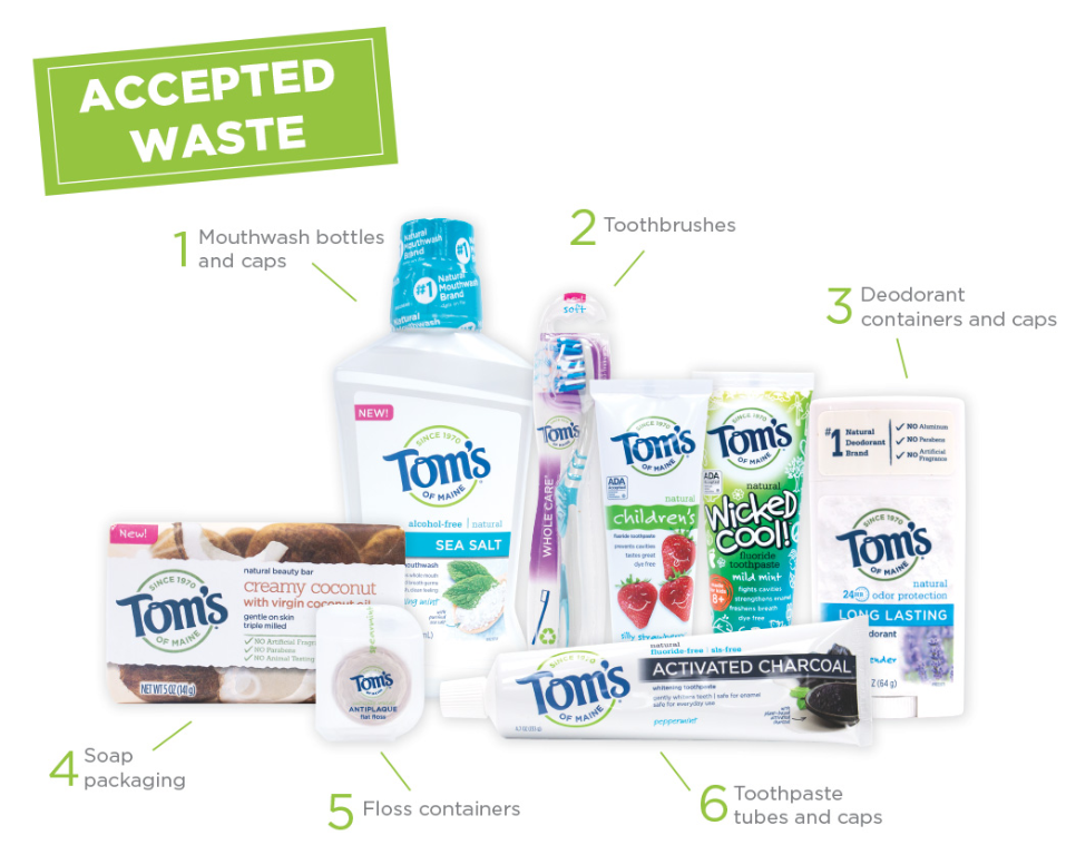 waste accepted in the Tom's of Maine recycling program