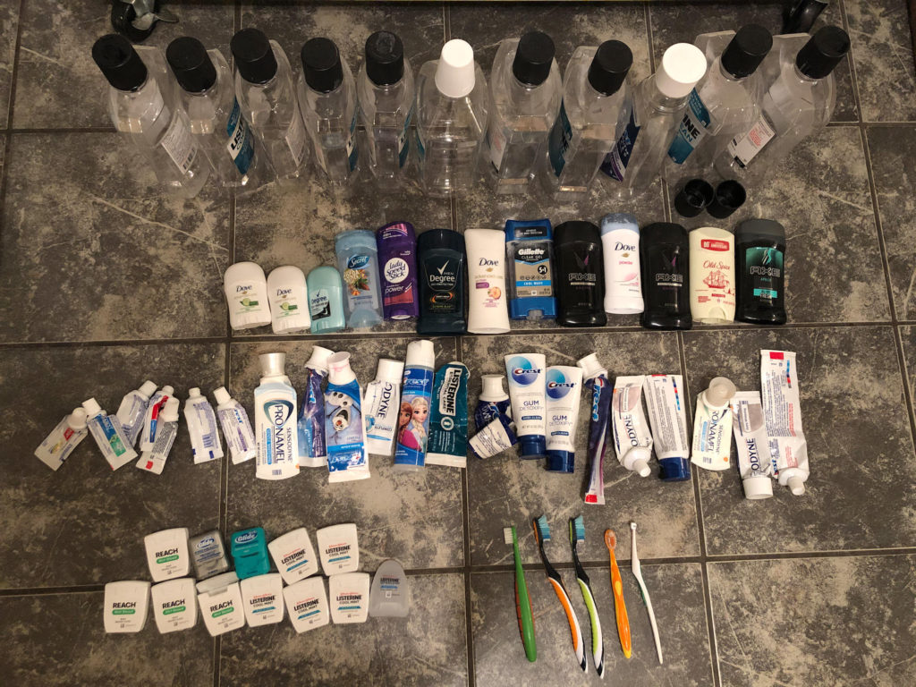 collected deodorant, floss, toothbrushes, toothpaste tubes, and mouthwash for recycling
